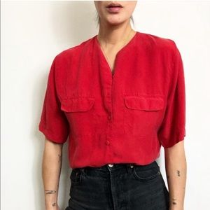 Vintage silk minimalist collarless blouse